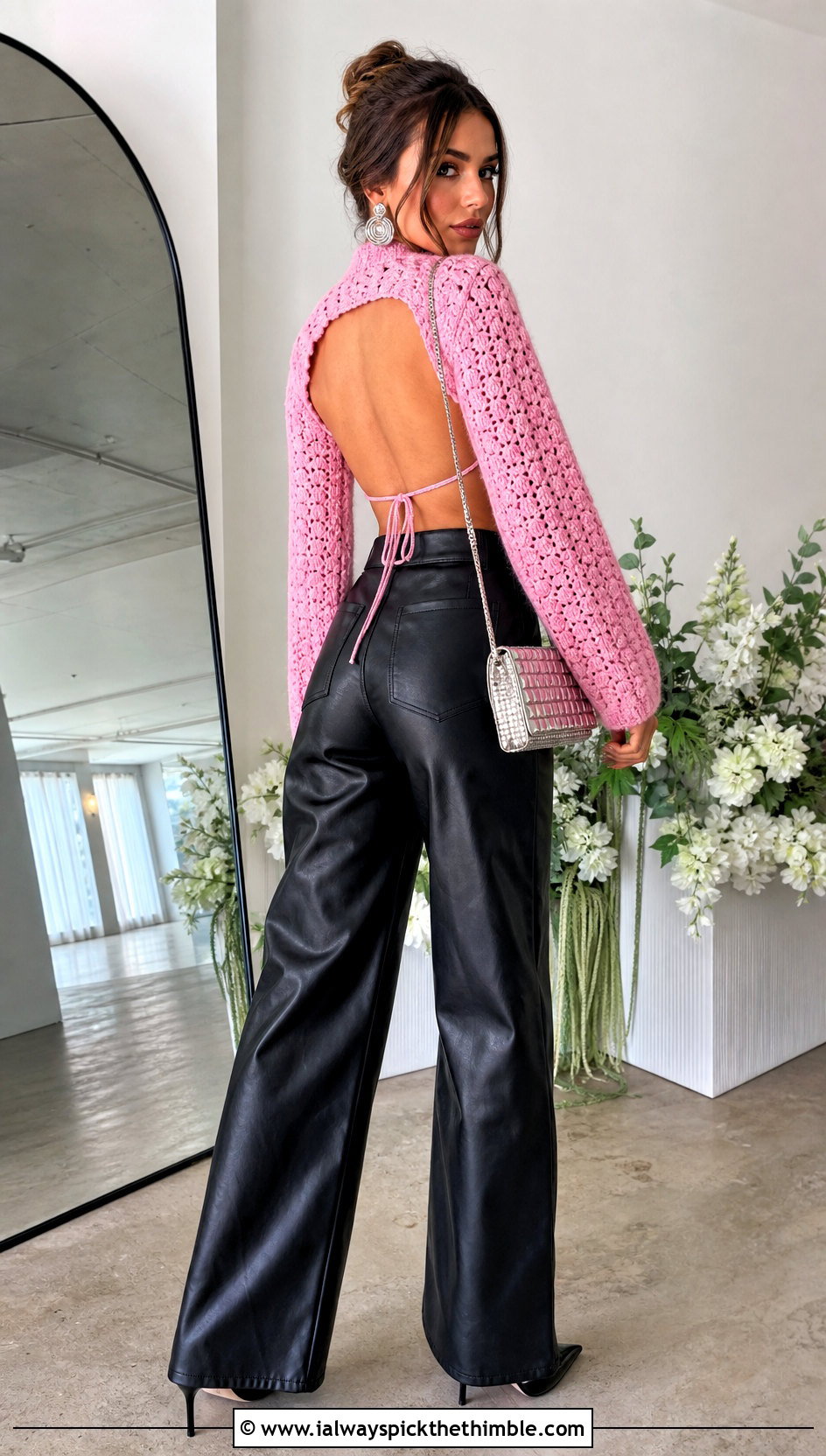 Cropped Virgin Killer Crochet Sweater With Leather Pants - 15 virgin killer crochet sweater outfit ideas