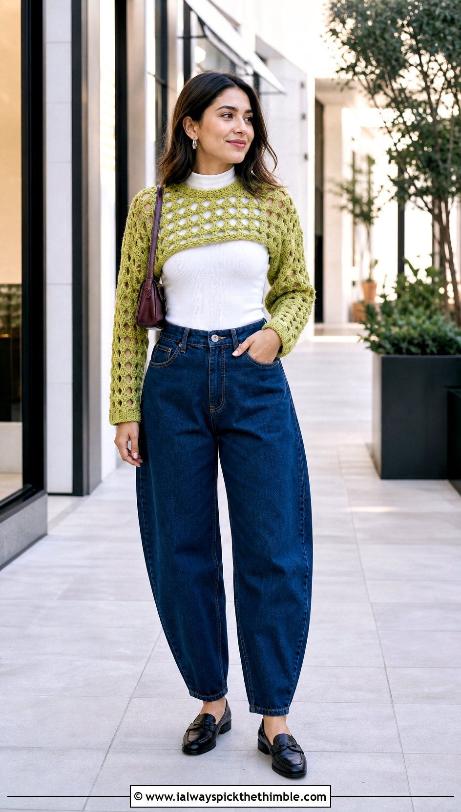 Cropped Virus Shawl With High Waisted Barrel Jeans - 25 crochet virus shawl outfit ideas