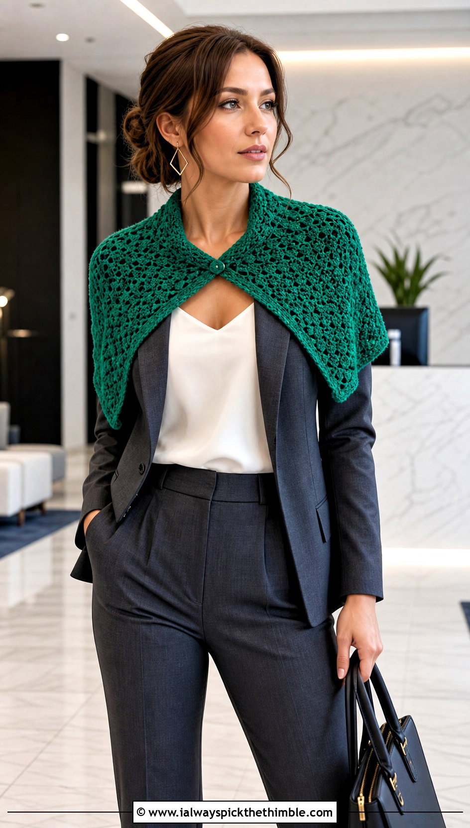 Cropped Waffle Crochet Shoulder Shawl With Trouser Suit - 15 Waffle Crochet Shawl outfit ideas