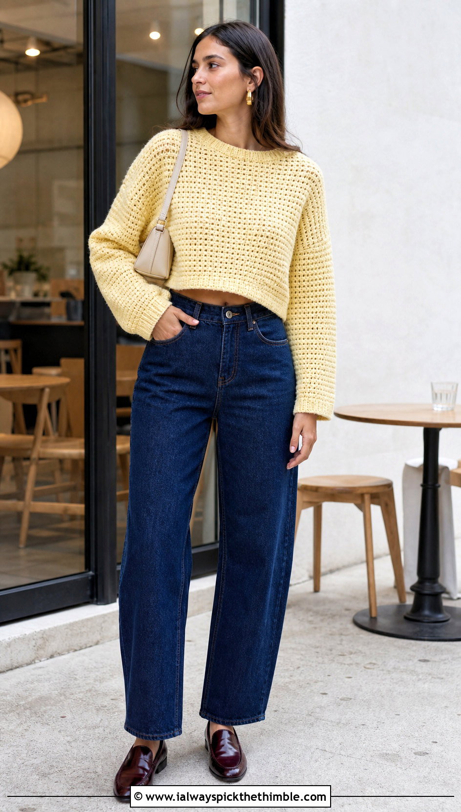 Cropped Waffle Stitch Crochet Sweater With Barrel Jeans - 20 waffle stitch crochet sweater outfit ideas
