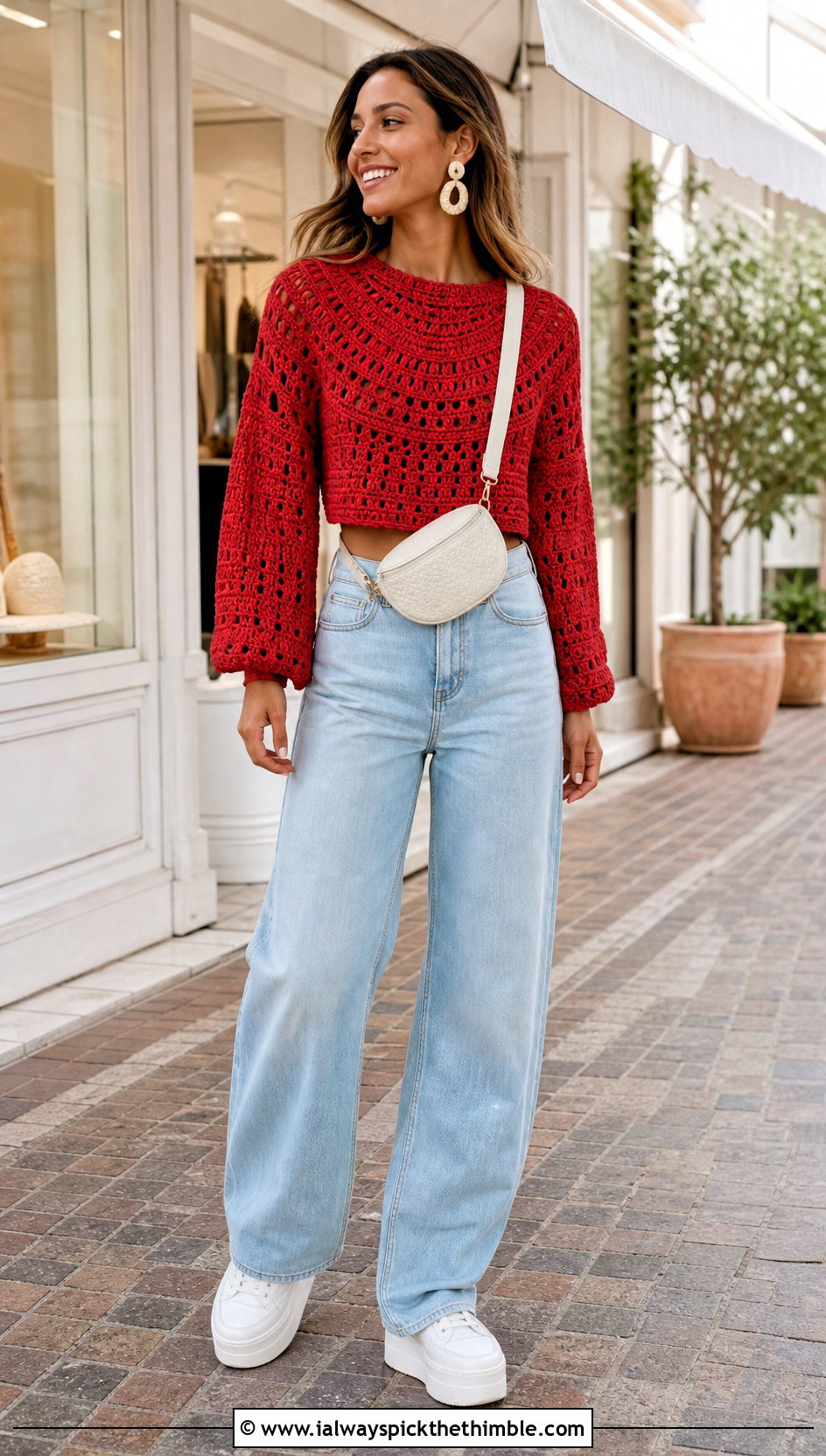 Cropped Yoke Crochet Sweater With High Waisted Jeans - 20 Yoke Down Crochet Sweater outfit ideas