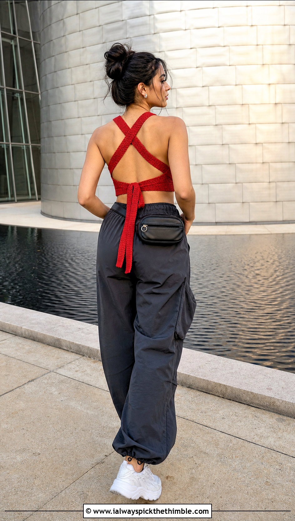 Cross Back Crochet Crop Top With Parachute Pants - 15 tie back crochet top outfit ideas