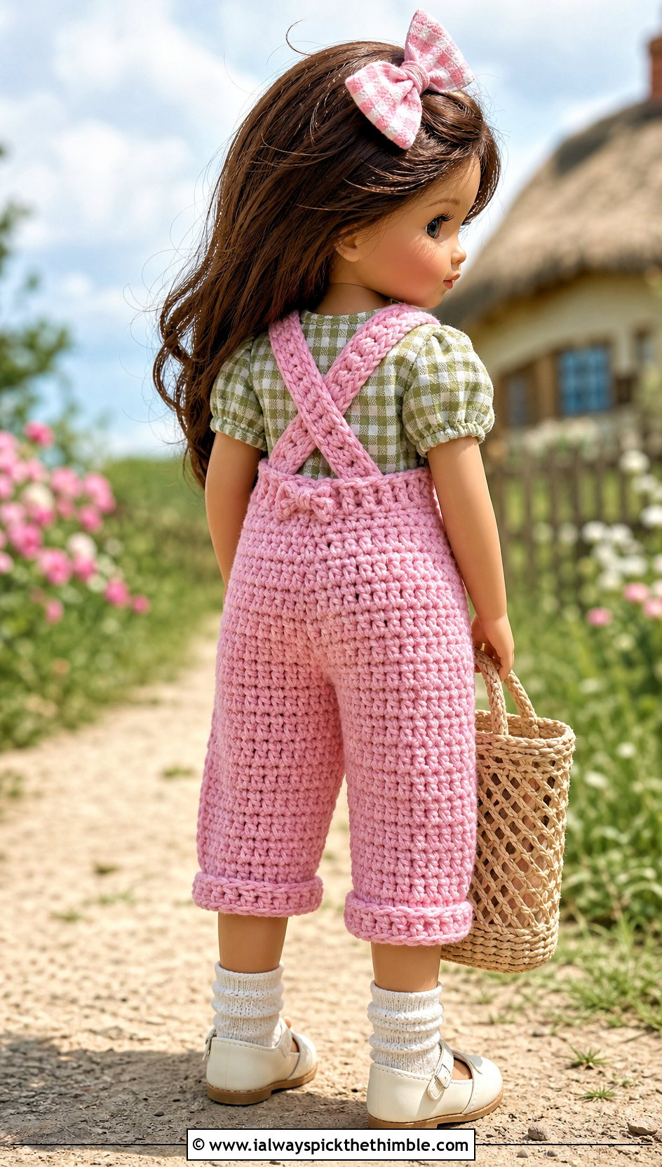 Cross Back Crochet Doll Overalls With Gingham Top - 20 crochet doll overalls outfit ideas