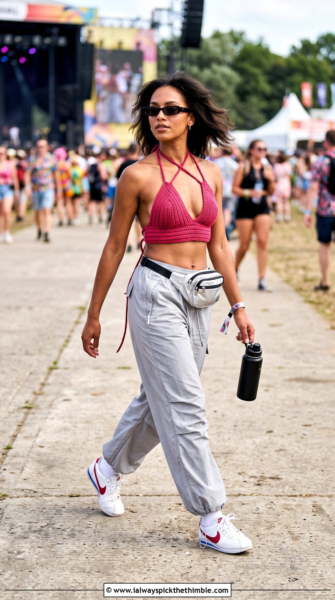 Cross Back Triangle Crochet Top With Parachute Pants - 25 crochet triangle top outfit ideas
