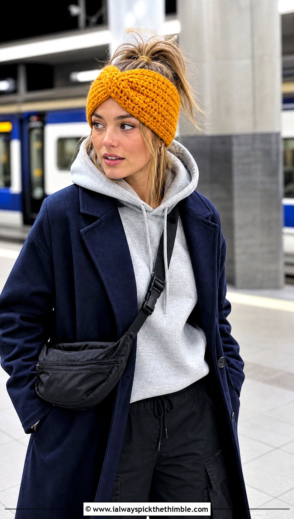Cross Front Crochet Ear Warmer With Hoodie And Coat - 20 Quick Crochet Ear Warmer outfit ideas