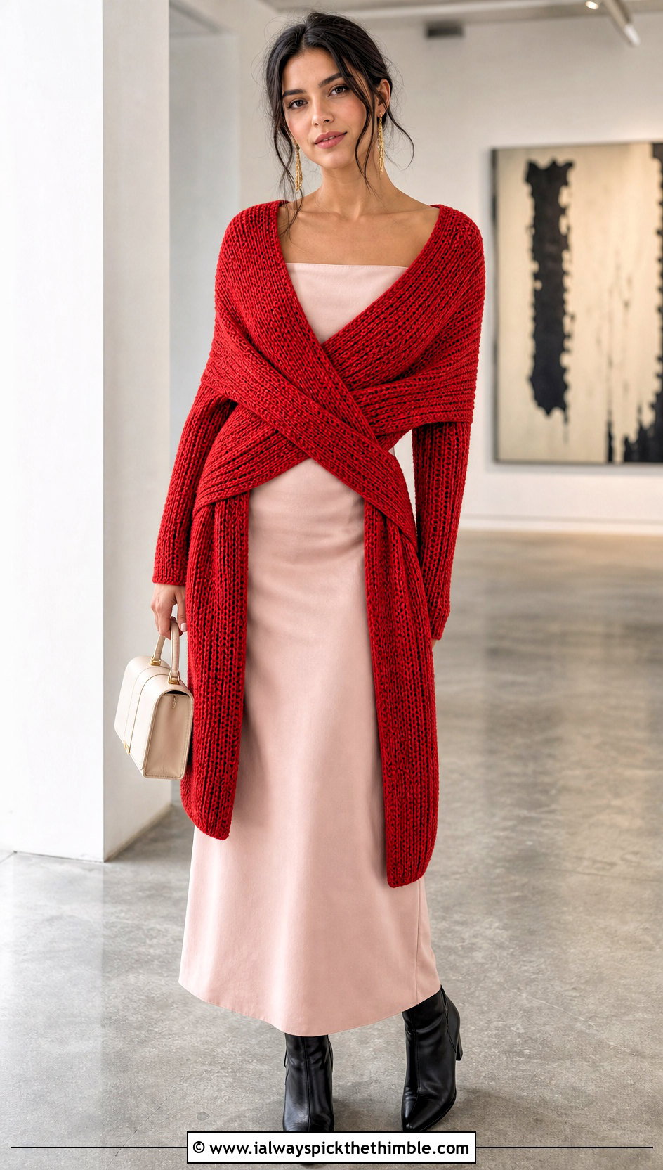 Cross Front Crochet Sweater Scarf With Midi Dress - 25 crochet sweater scarf outfit ideas