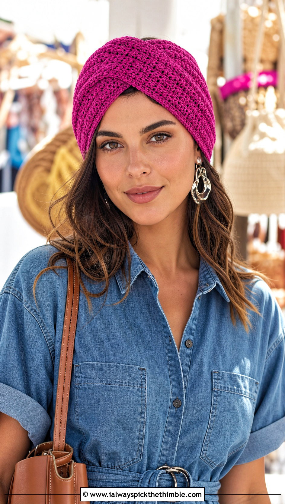 Cross Front Crochet Turban Hat With Denim Dress And Clogs - 25 crochet turban hat outfit ideas