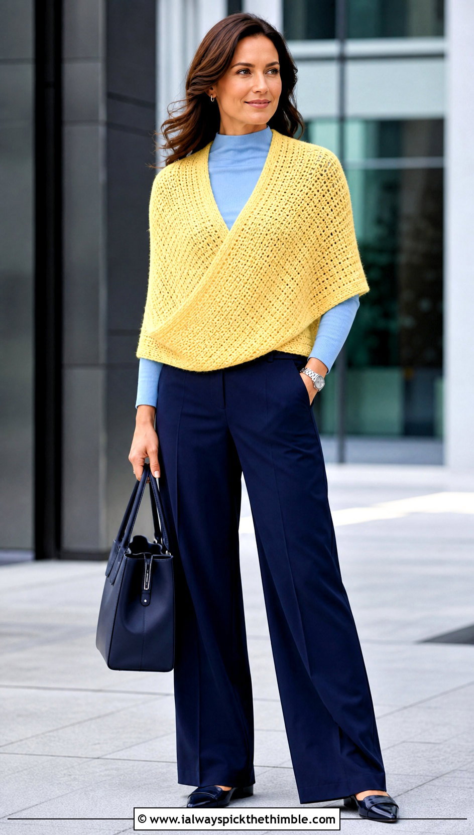 Cross Front Highlander Shawl With Tailored Trousers - 20 Crochet Highlander Shawl outfit ideas