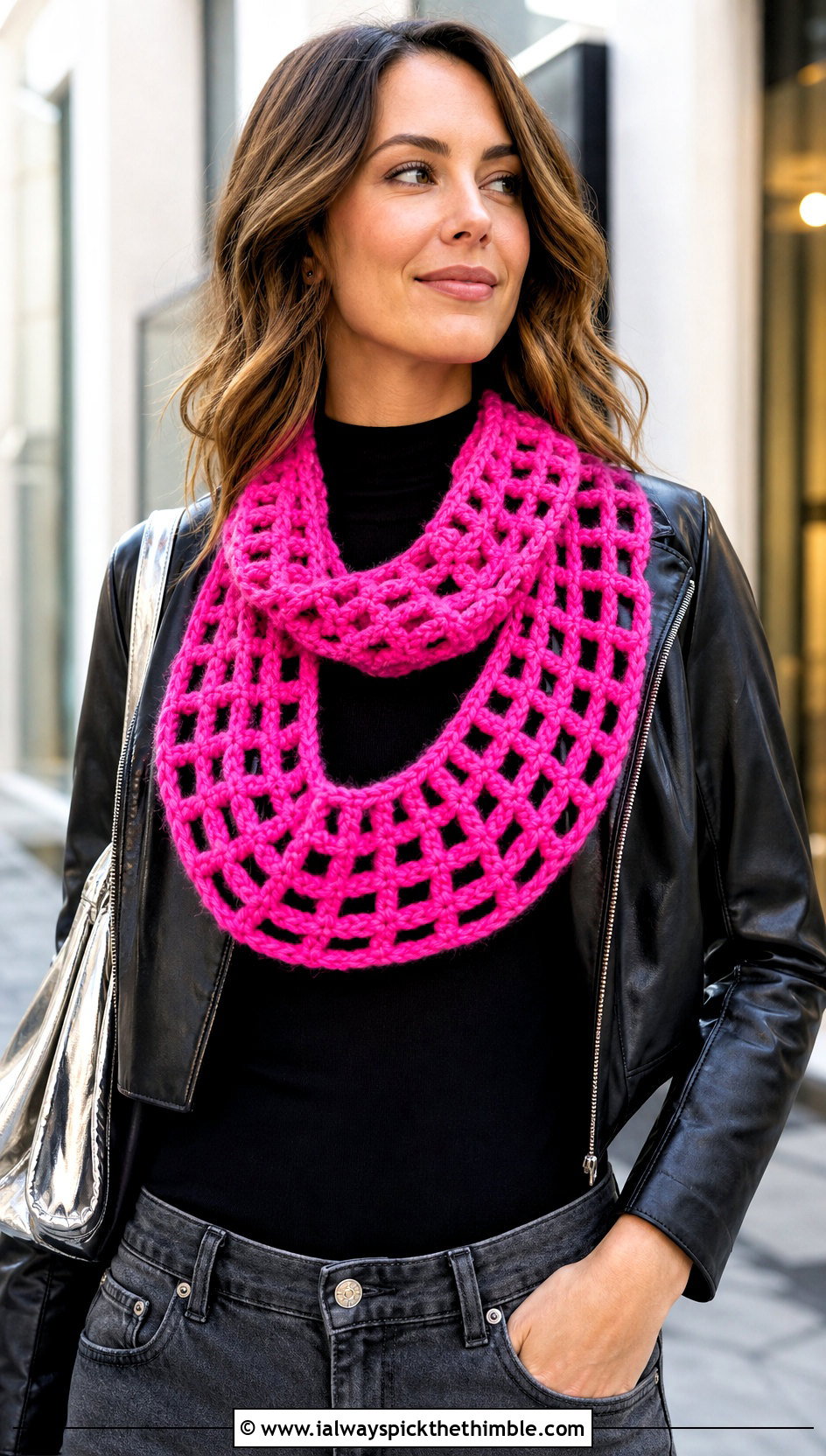 Cross Hatch Button Cowl With Leather Jacket - 20 crochet button cowl outfit ideas