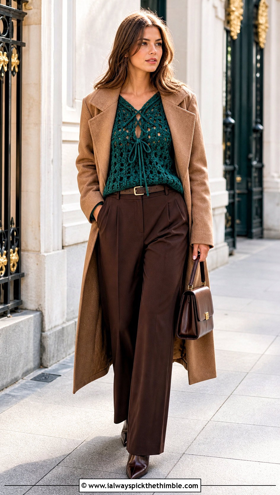 Cross My Heart Crochet Sweater With A Long Coat And Trousers - 20 Cross My Heart Crochet Sweater outfit ideas