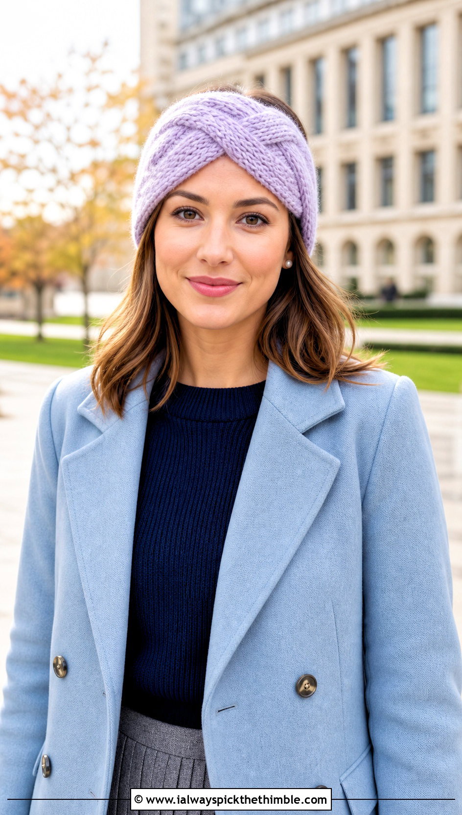 Crossed Cable Headband With Peacoat and Pleated Skirt - 15 easy crochet cable headband earwarmer outfit ideas