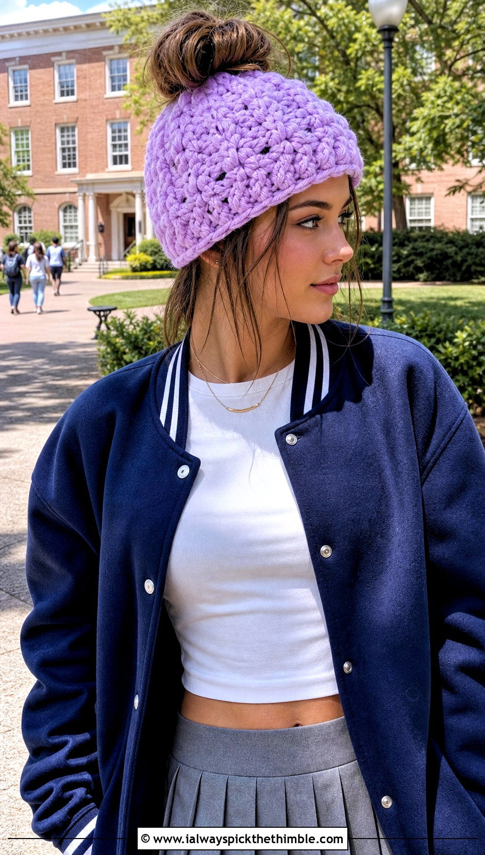 Crossed Stitch Crochet Messy Bun Hat With Varsity Jacket - 20 Crochet Messy Bun Hat Bulky Yarn outfit ideas
