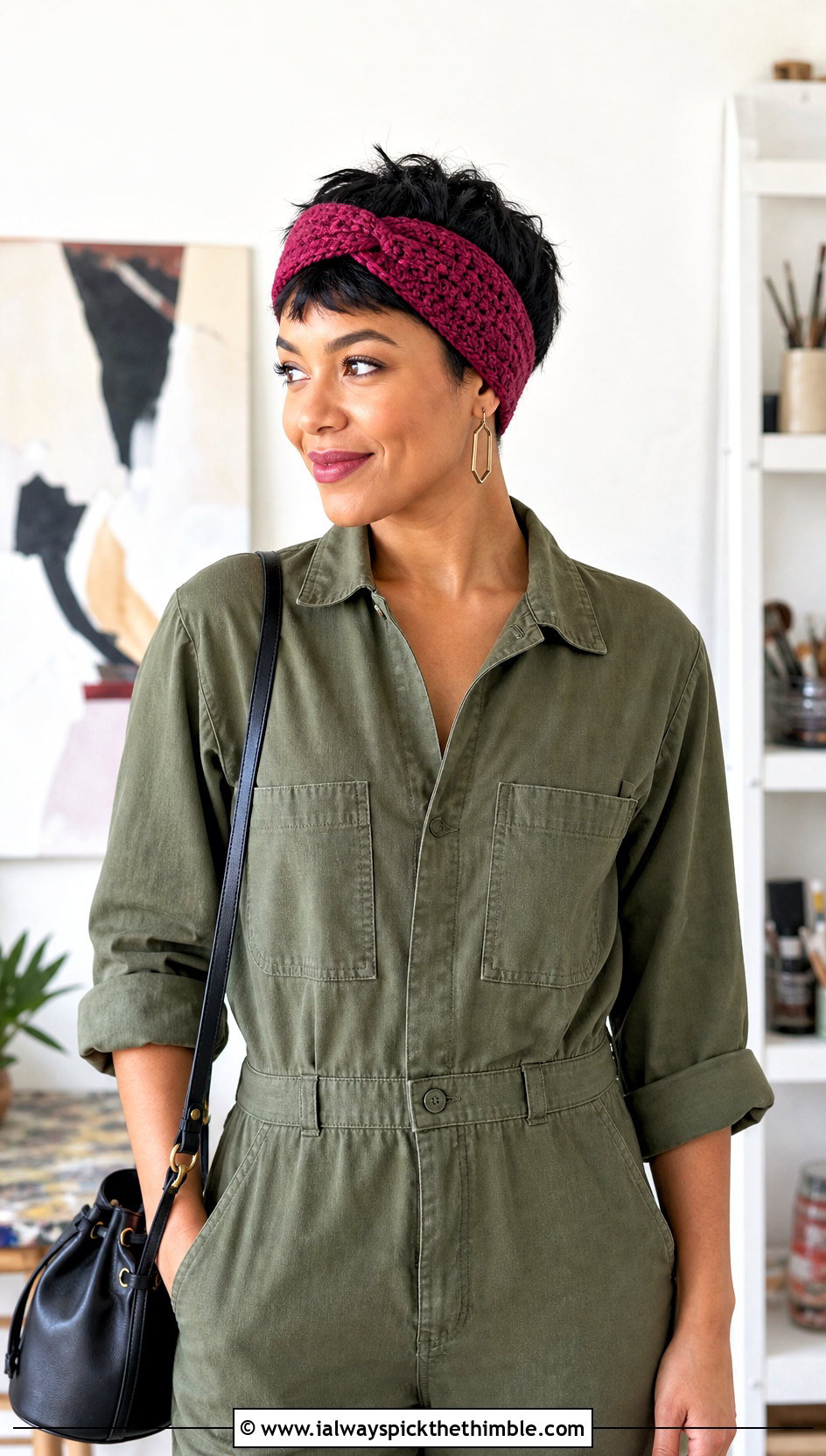 Crossed Stitch Crochet Tie Headband With Utility Jumpsuit - 25 crochet tie headband outfit ideas