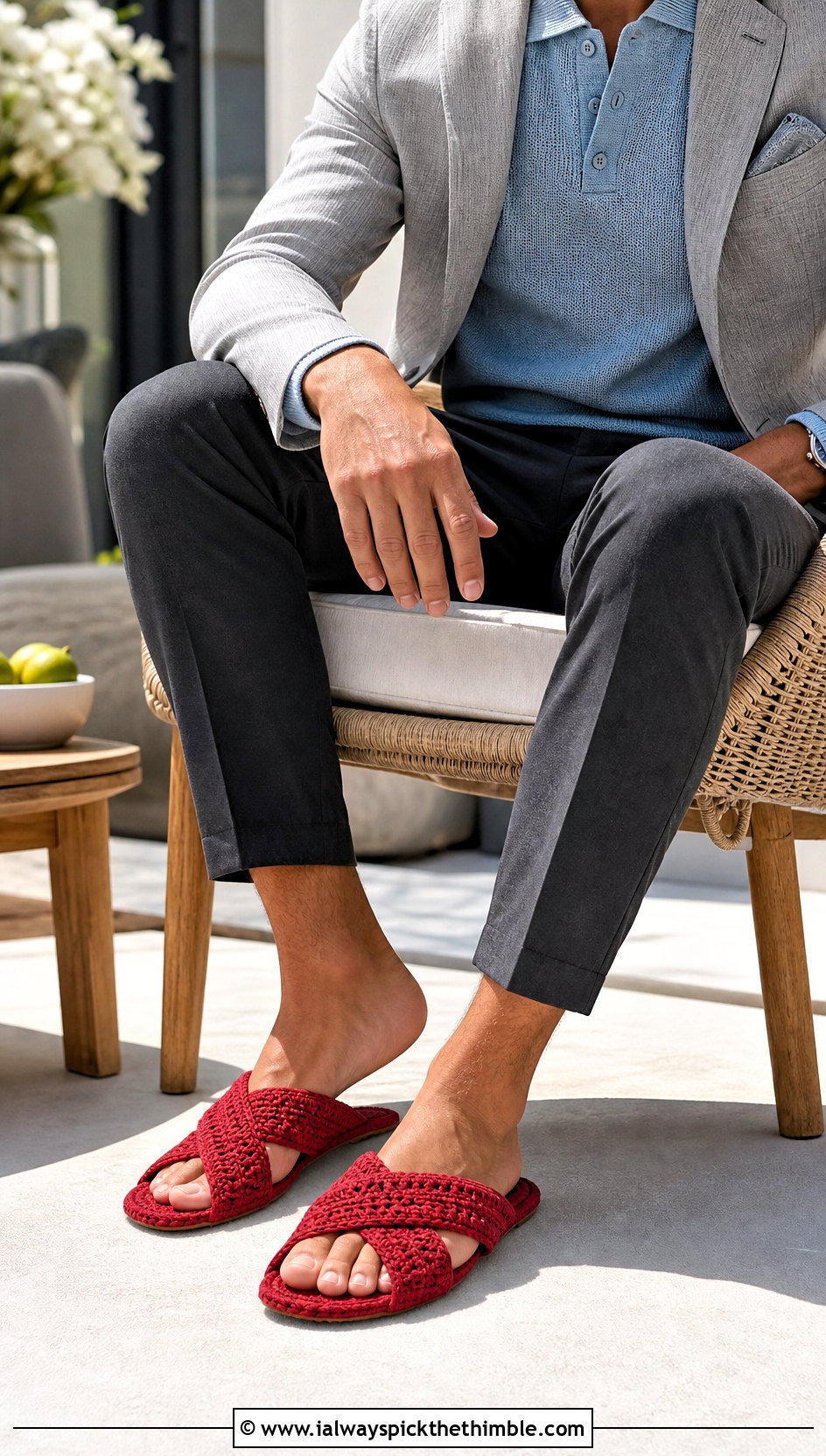 Crossed Strap Crochet Slippers With Trousers And Knit Polo - 15 Easy Crochet Mens Slippers outfit ideas