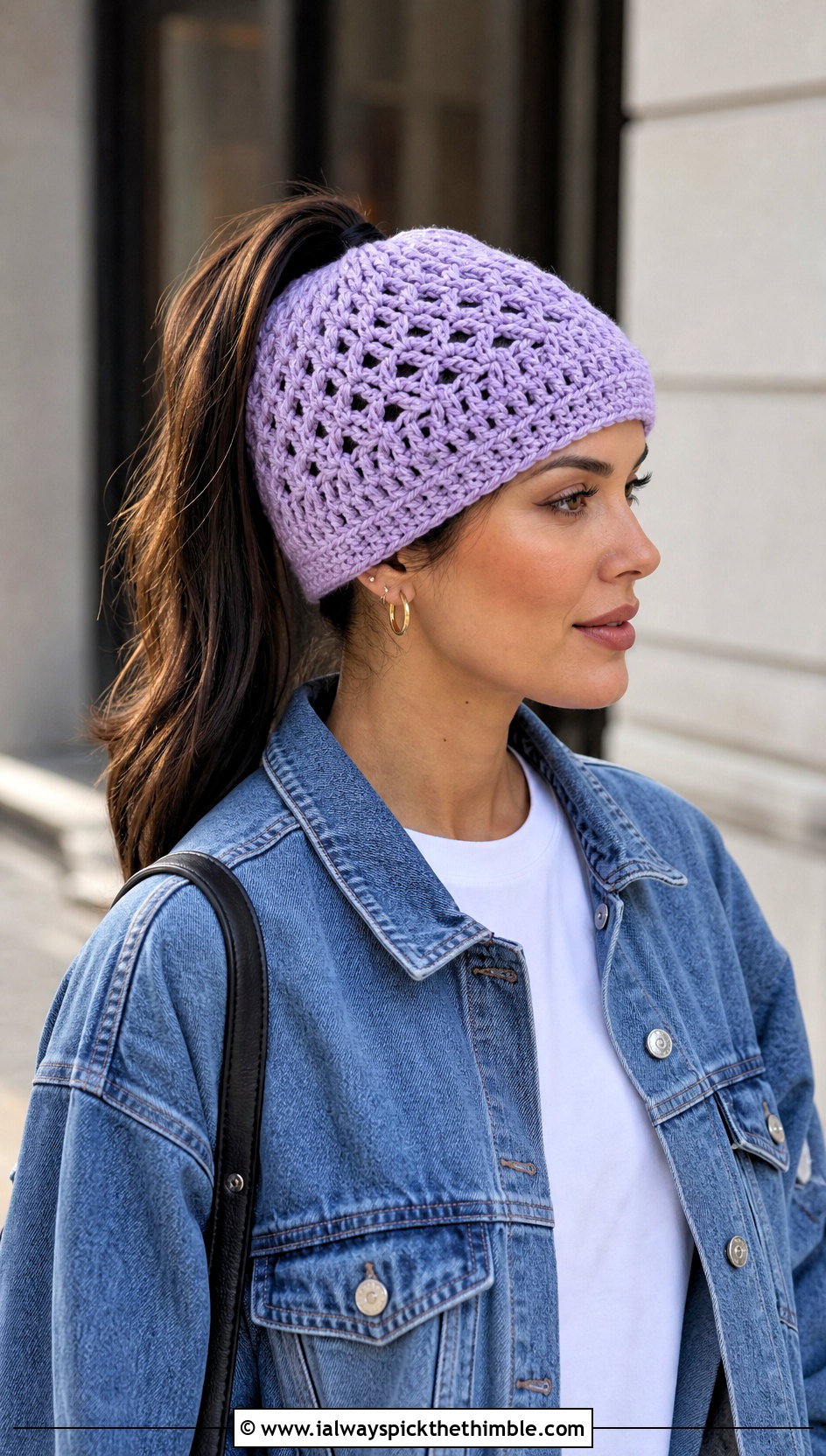 Crosshatch Ponytail Crochet Hat With Denim Shacket - 20 ponytail crochet hat outfit ideas