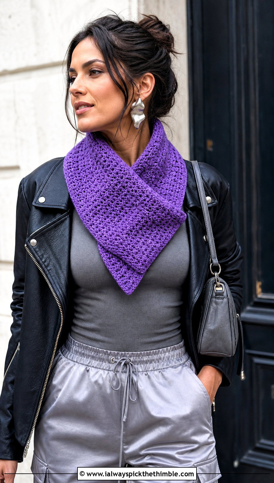 Crossover Cowl With Moto Jacket And Satin Cargo Pants - 15 Cowls To Crochet outfit ideas