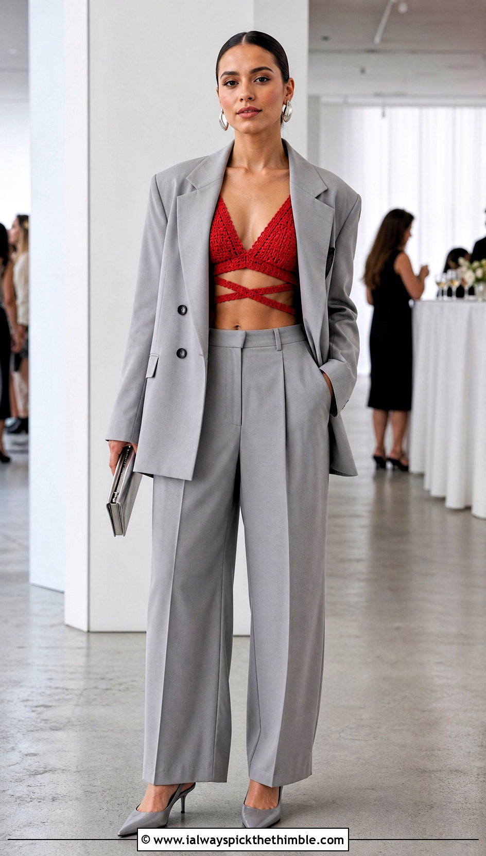 Crossover Crochet Bralette Top With Oversized Suit - 20 Crochet Cross Top outfit ideas