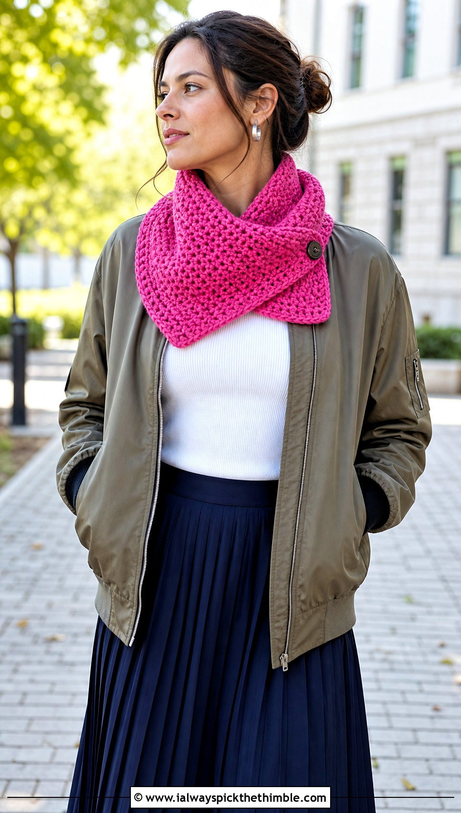 Crossover Crochet Cowl With Bomber Jacket And Pleated Skirt - 25 crochet neck warmer cowls outfit ideas