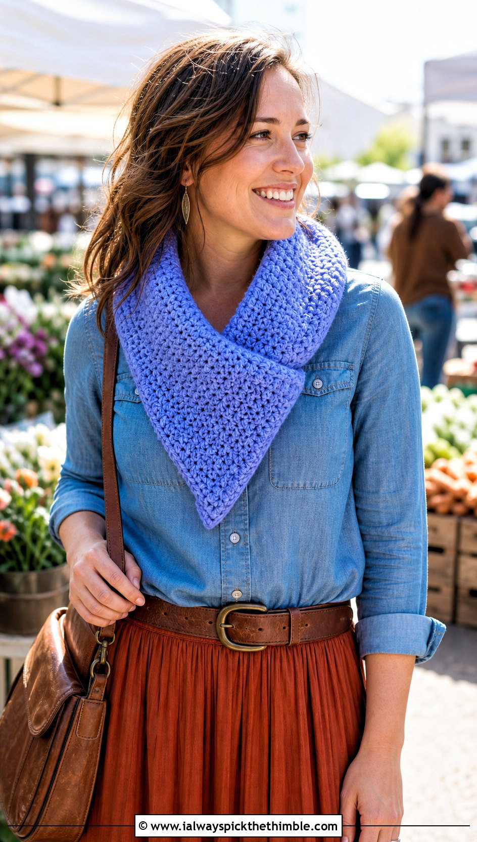 Crossover Crochet Cowl With Chambray Shirt - 25 crochet cowl neck warmer outfit ideas