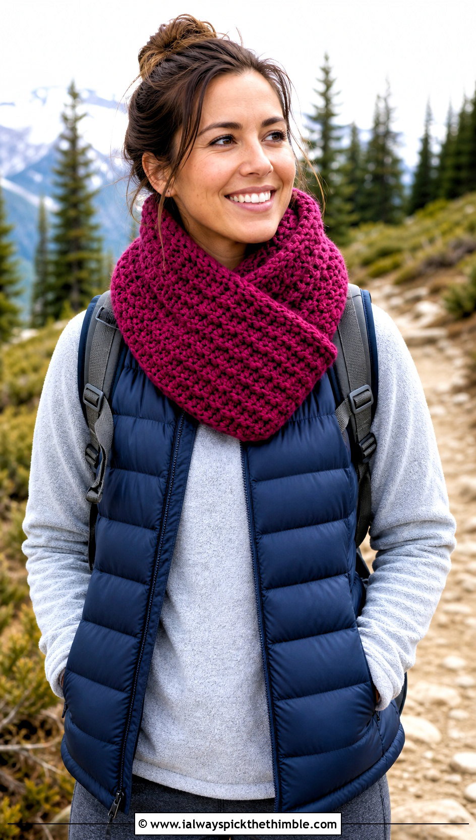 Crossover Crochet Cowl With Puffer Vest - 20 Simple Crochet Cowl outfit ideas