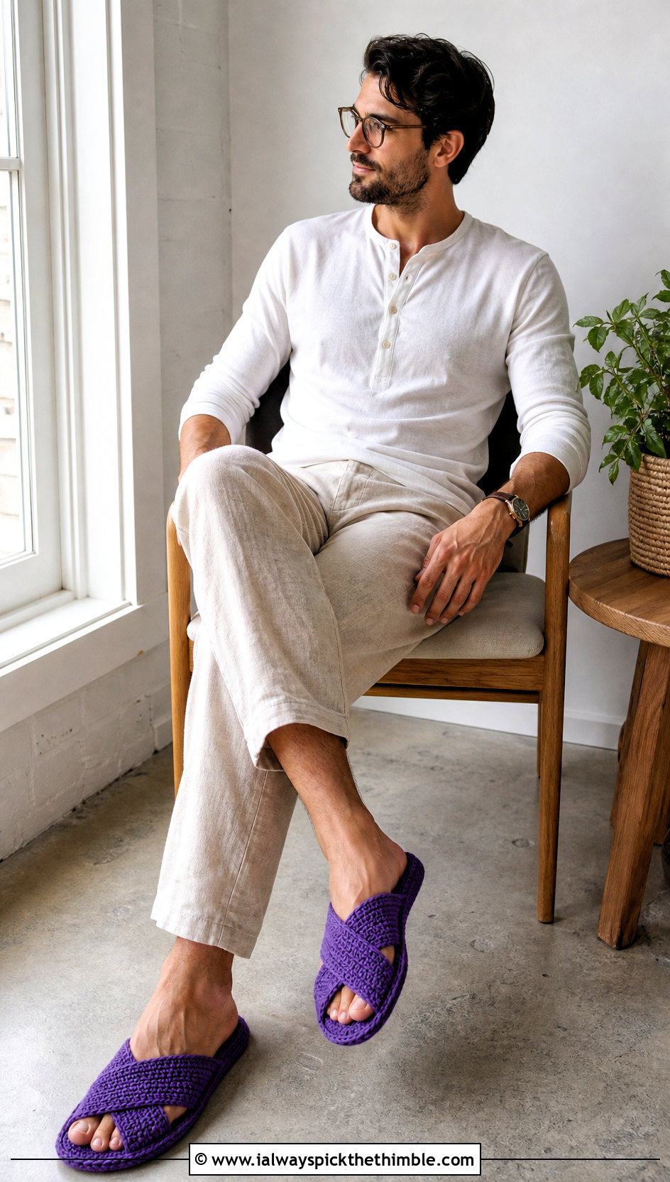 Crossover Crochet Slippers With Henley And Linen Pants - 20 crochet slippers for men outfit ideas