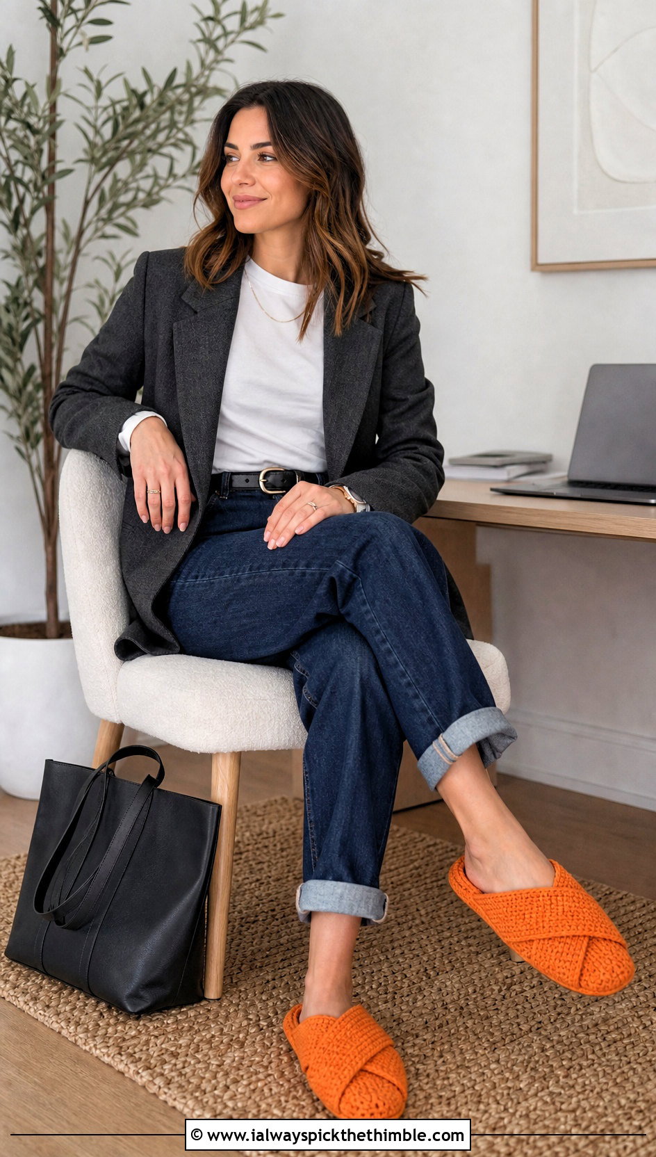 Crossover Crochet Slippers With Straight Jeans And Blazer - 20 crochet winter slippers outfit ideas