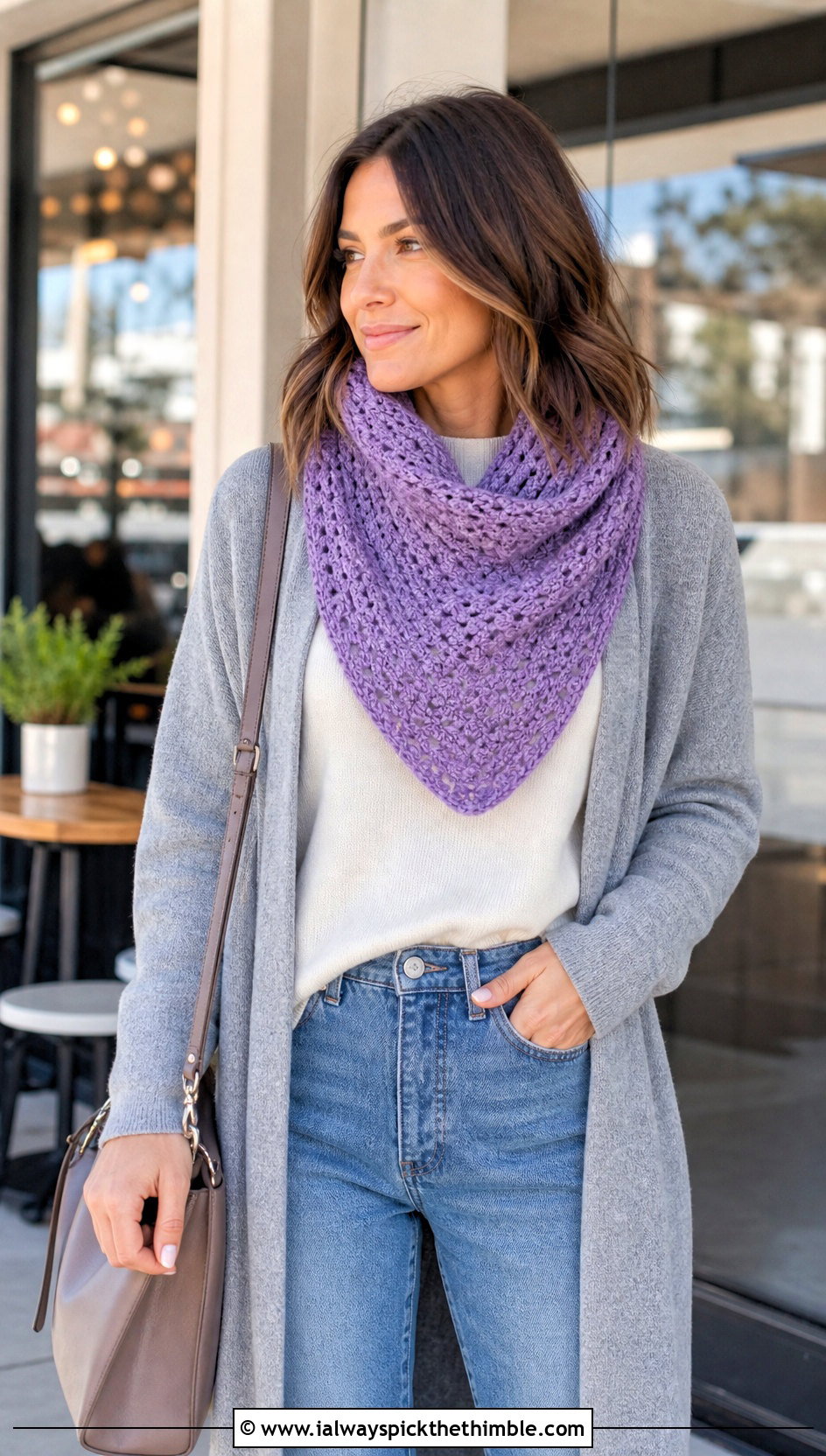 Crossover Crocheted Cowl With Long Cardigan - 20 Crocheted Cowl outfit ideas