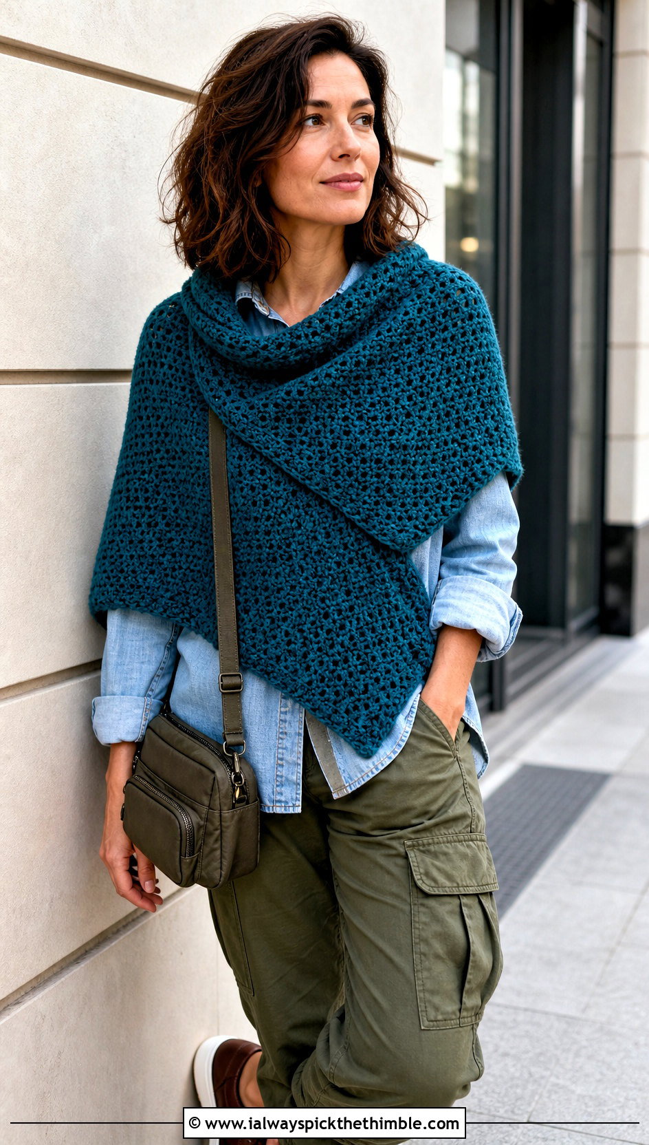 Crossover Sontag Shawl With Denim Shirt And Cargo Pants - 20 Victorian Crochet Shawl outfit ideas