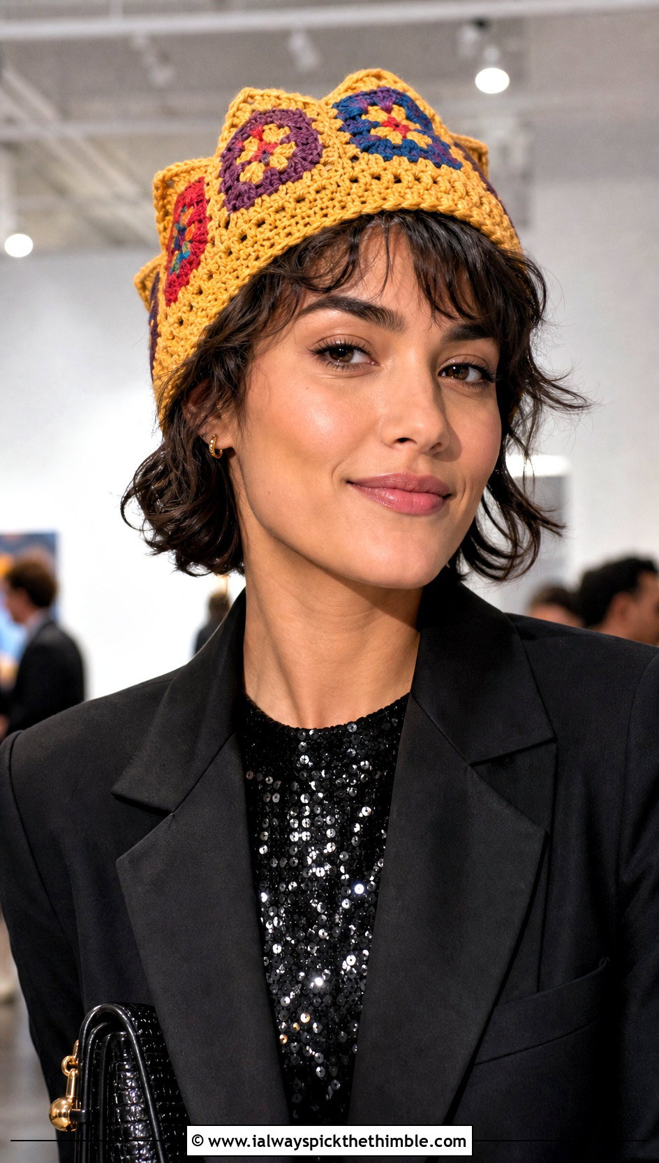 Crown Granny Square Hat With Sequin Top And Trousers - 25 granny square hat outfit ideas