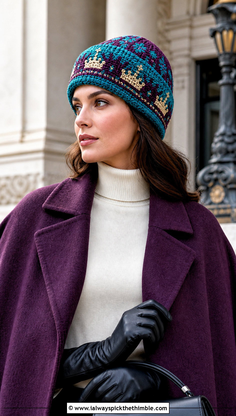 Crown Motif Mosaic Crochet Beanie With Cape Coat - 20 Mosaic Crochet Beanie outfit ideas