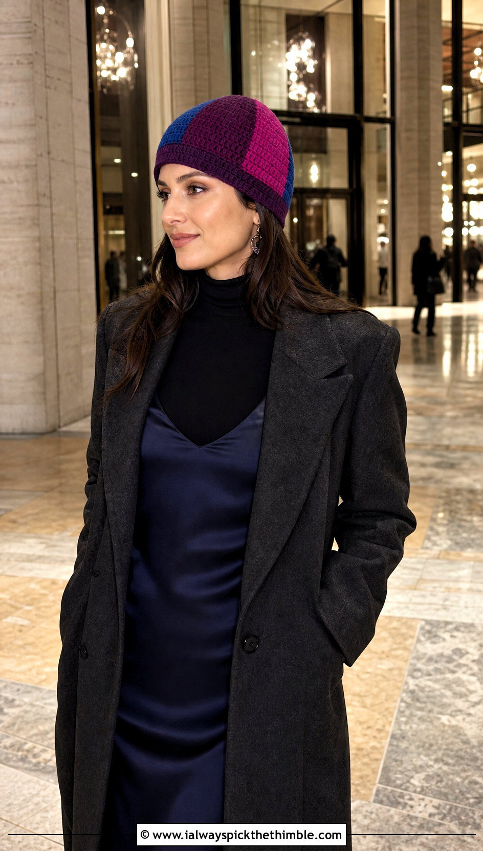 Crown Panel Color Block Crochet Beanie With Slip Dress And Long Coat - 20 Color Block Crochet Beanie outfit ideas