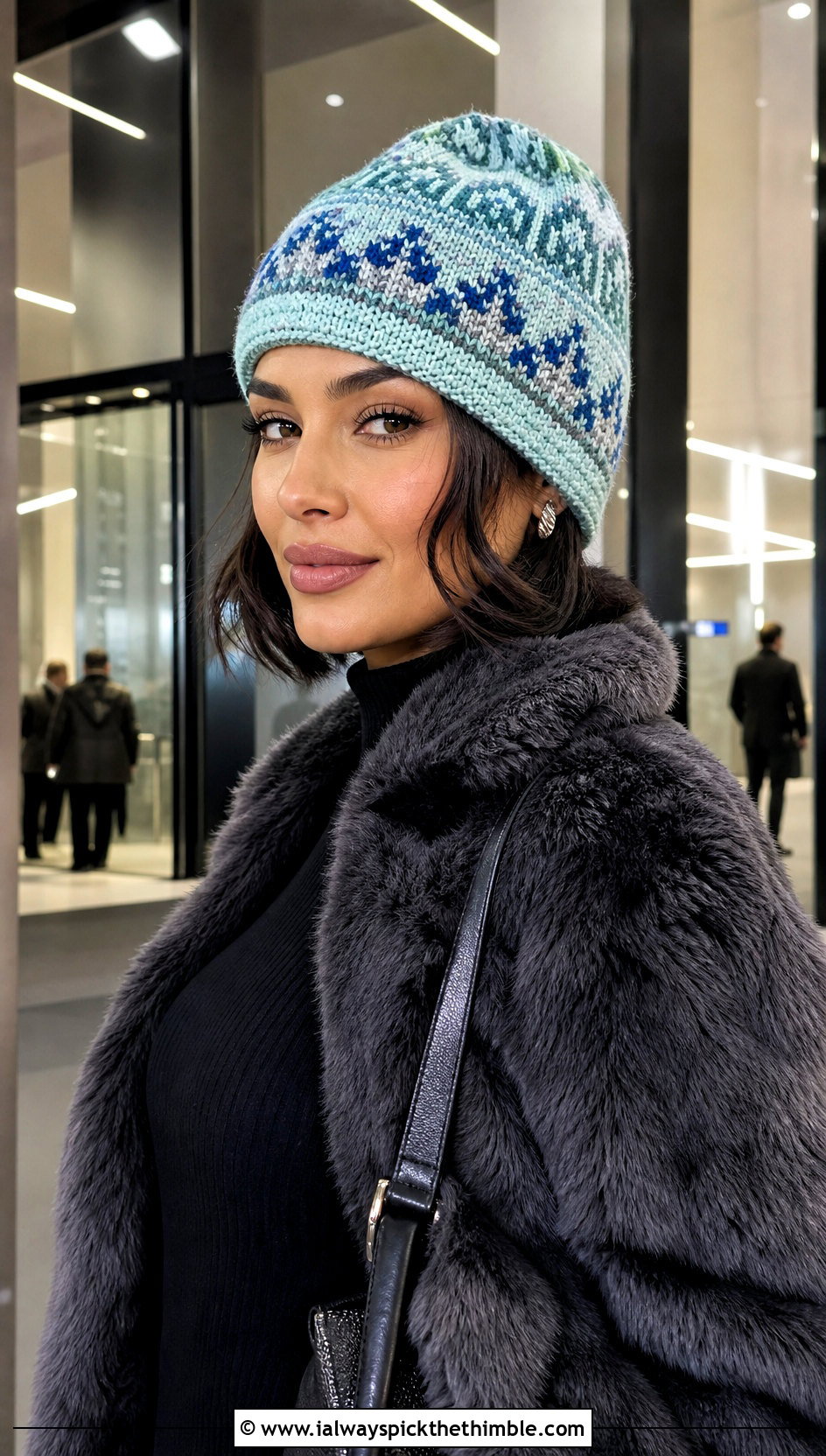 Crown Pattern Fair Isle Crochet Beanie With Faux Fur Coat - 20 Crochet Fair Isle Beanie outfit ideas