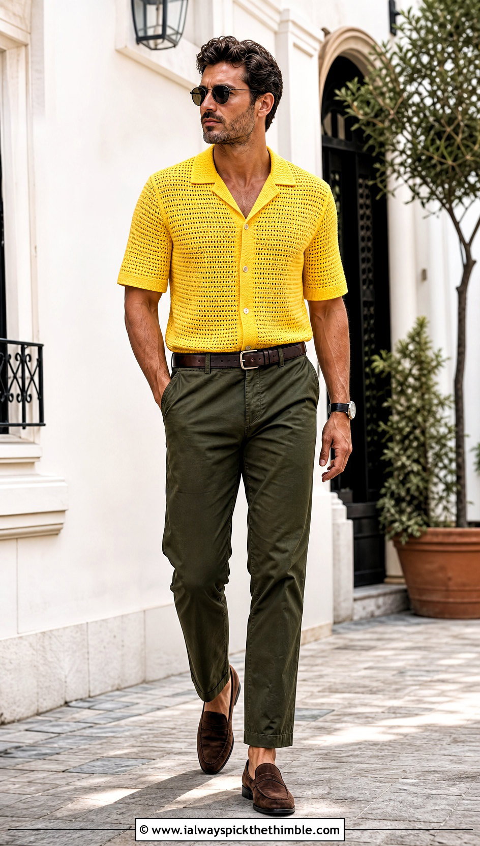 Cuban Collar Crochet Shirt With Chinos - 25 crochet male shirt outfit ideas