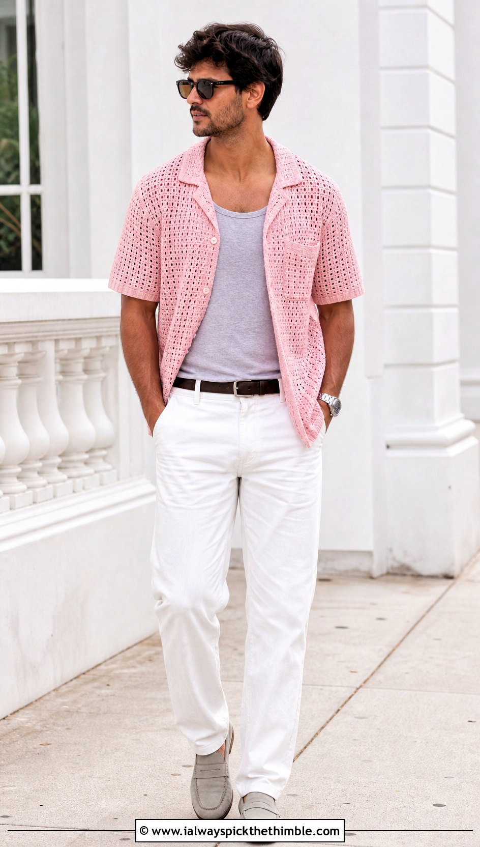 Cuban Collar Crochet Shirt With White Jeans - 25 crochet mens shirt outfit ideas