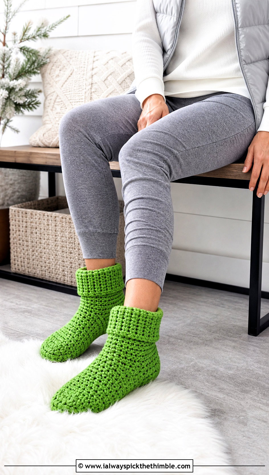 Cuffed Bootie Crochet Slippers With Puffer Vest And Joggers - 20 Easy Crochet Slippers For Beginners outfit ideas
