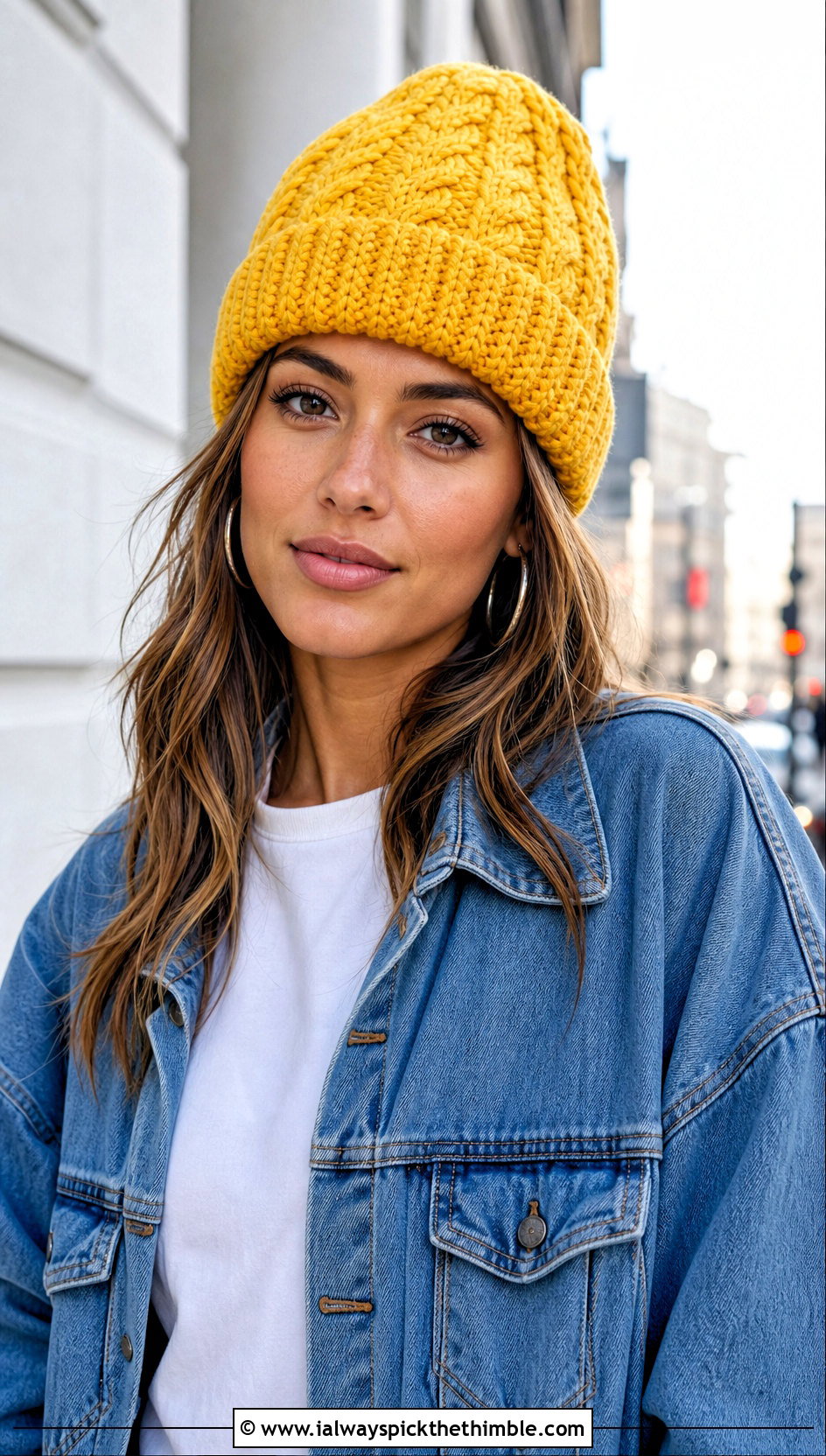 Cuffed Braided Cable Crochet Beanie With Denim Jacket - 15 cabled crochet beanie design outfit ideas