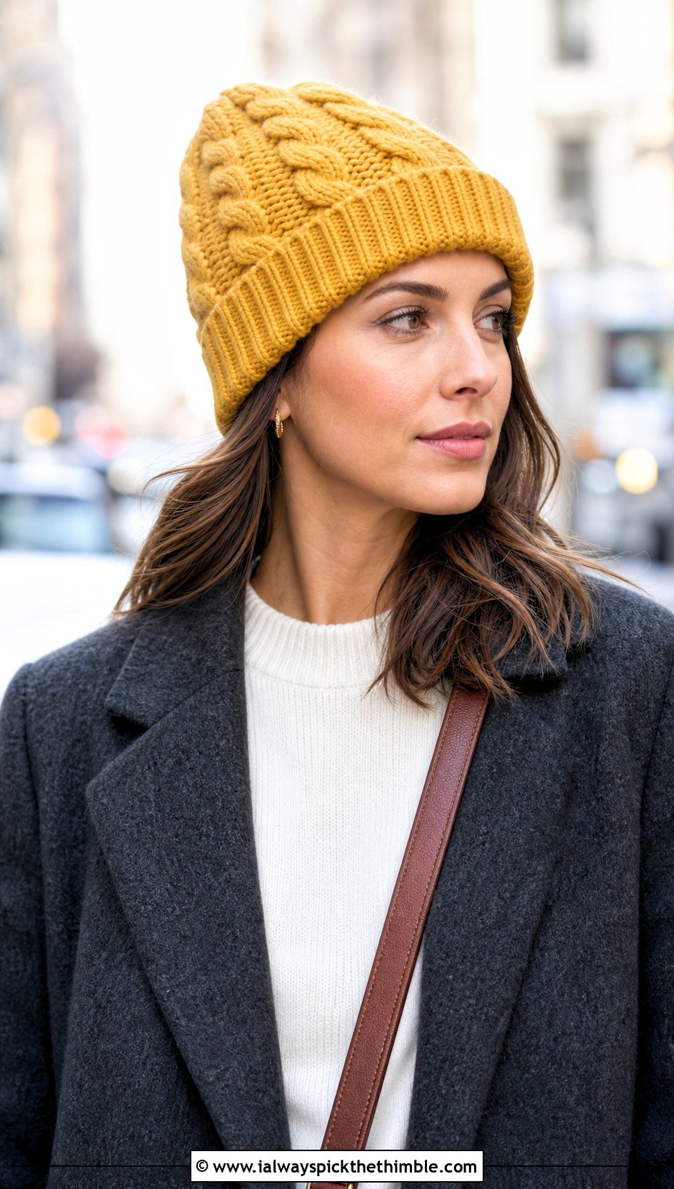Cuffed Braided Cable Stitch Beanie With Wool Coat - 20 Crochet Cable Stitch Beanie outfit ideas