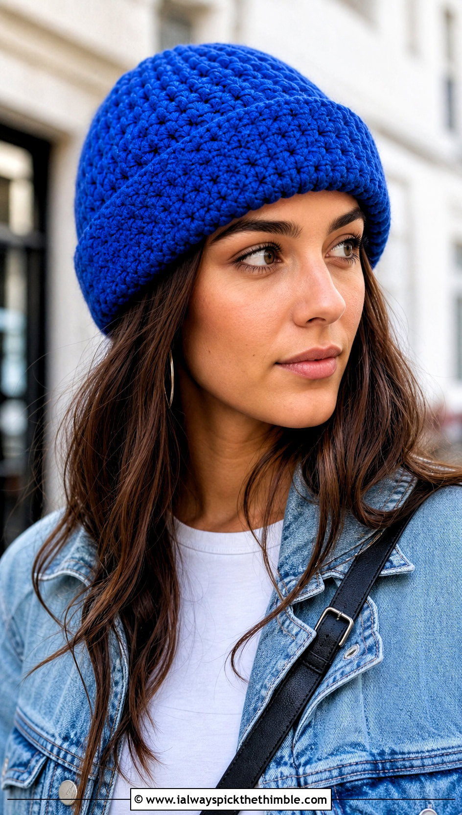 Cuffed Burst Crochet Beanie With Denim Jacket - 15 burst crochet beanie outfit ideas