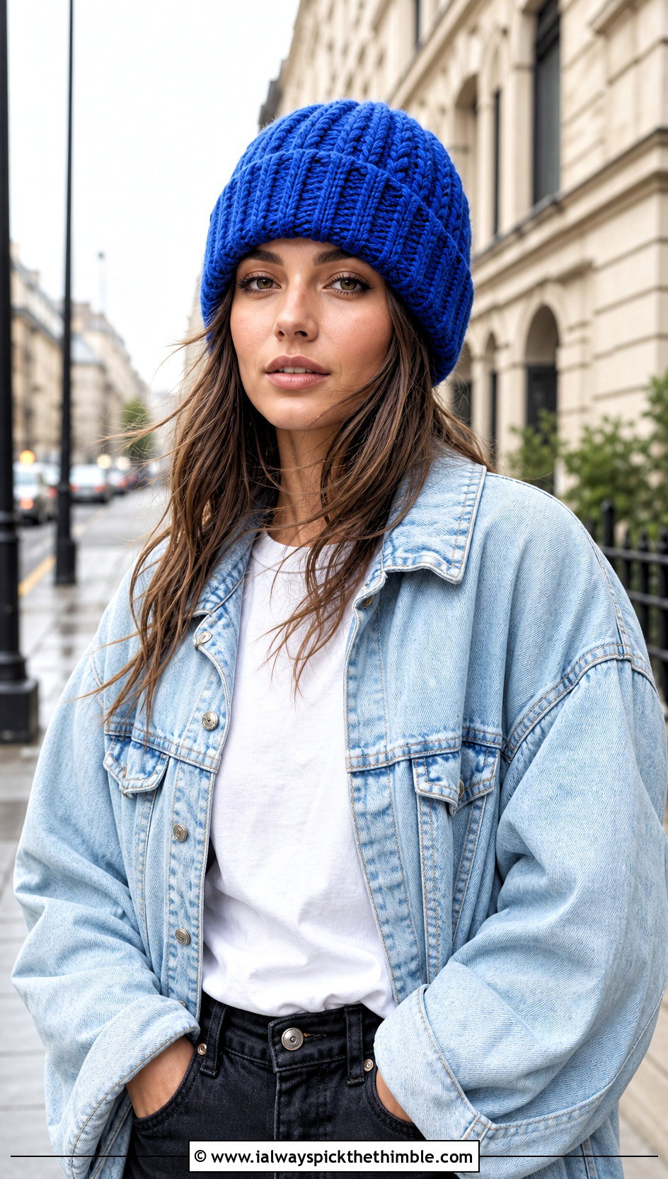 Cuffed Cable Crochet Beanie With Denim Jacket - 20 Cable Knit Crochet Hat outfit ideas