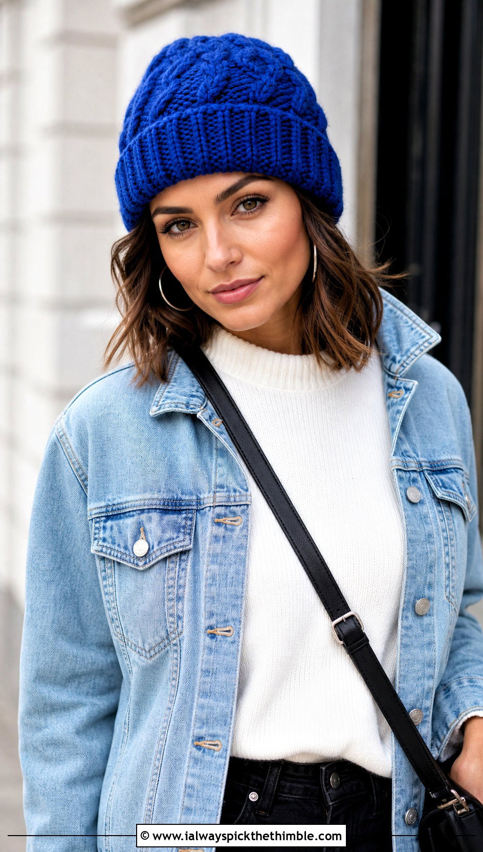 Cuffed Cable Crochet Beanie With Denim Jacket - 20 Cable Crochet Hat outfit ideas