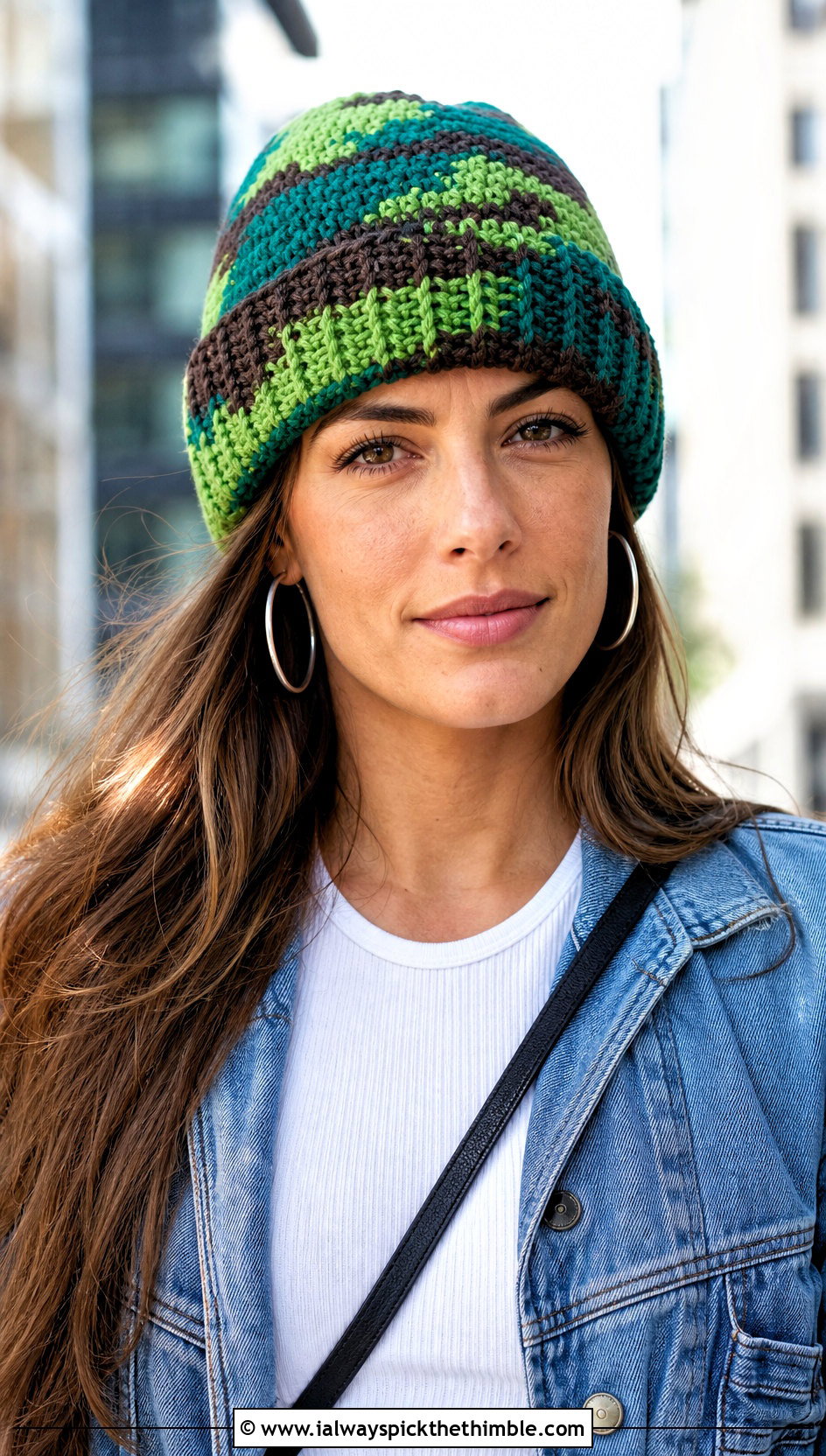Cuffed Camo Crochet Beanie With Denim Jacket - 20 Camo Beanie Crochet Hat outfit ideas