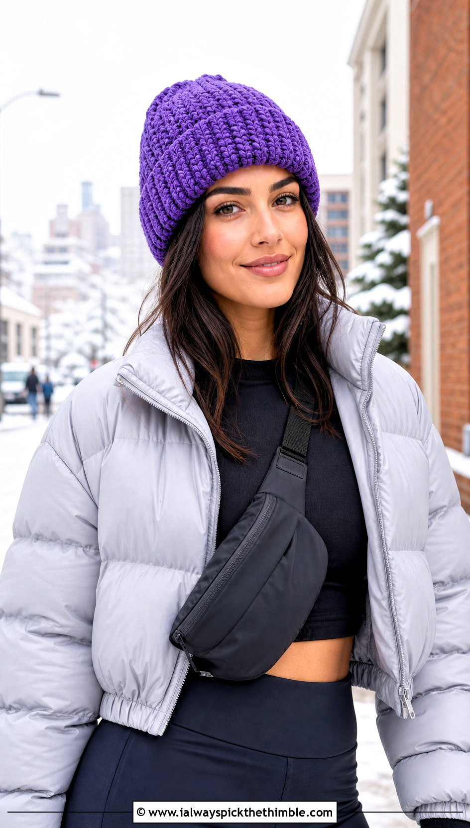 Cuffed Chenille Beanie With Puffer And Leggings - 20 crochet chenille hat outfit ideas