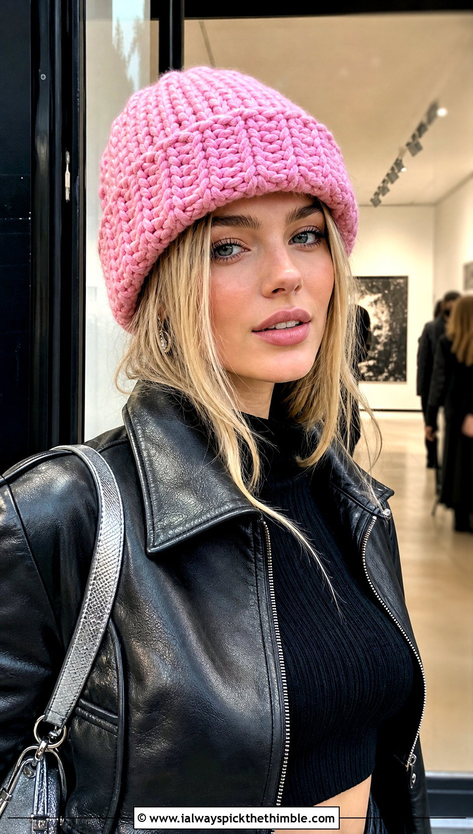 Cuffed Chunky Crochet Beanie With Leather Jacket And Midi Skirt - 20 chunky yarn crochet hat outfit ideas
