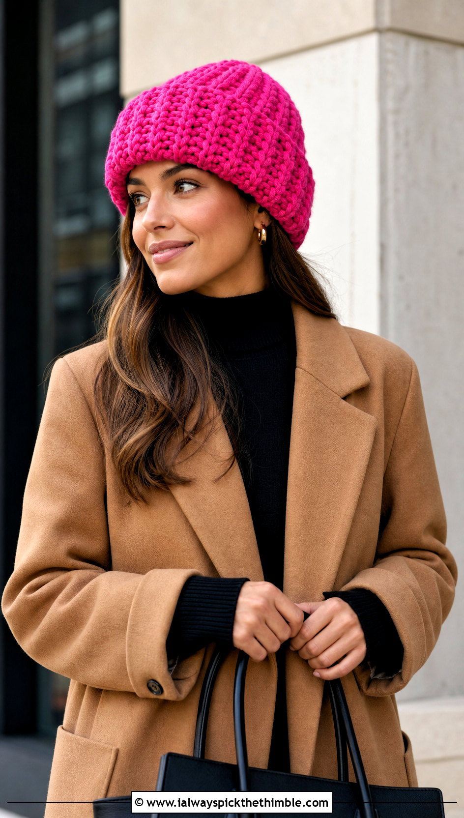 Cuffed Chunky Crochet Beanie With Wool Coat - 20 Chunky Yarn Crochet Hats outfit ideas