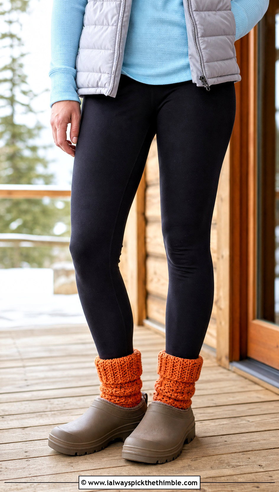Cuffed Chunky Crochet Cabin Socks With Leggings - 20 Chunky Crochet Socks outfit ideas