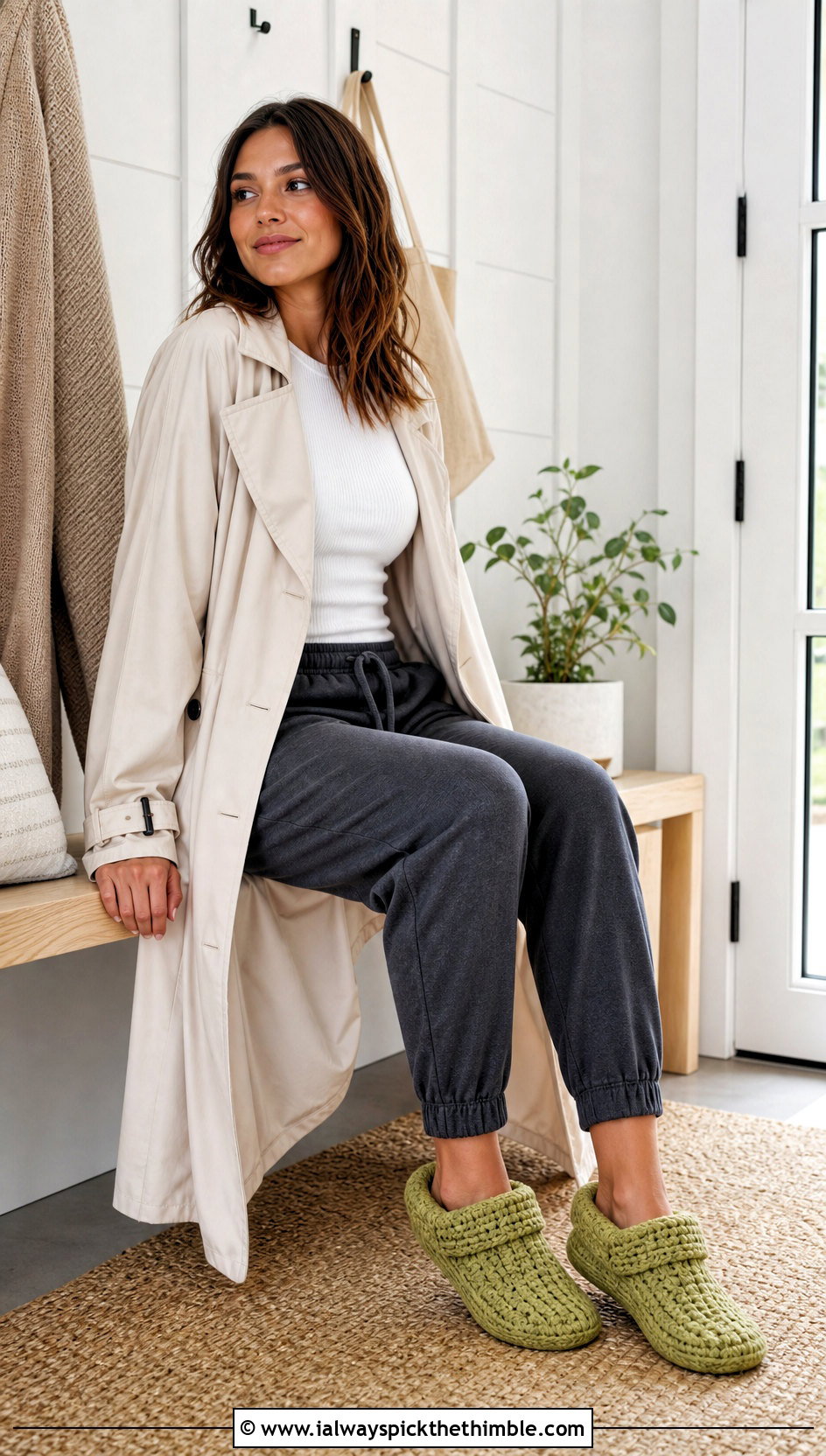 Cuffed Cottage Crochet Slippers With Joggers And A Trench Coat - 15 cottage crochet slippers outfit ideas