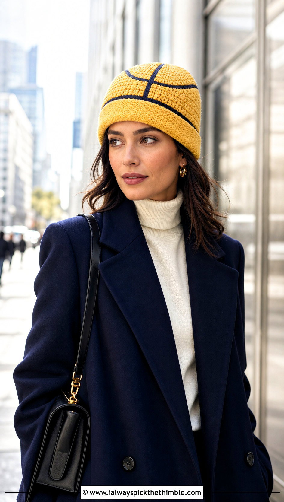 Cuffed Crochet Basketball Beanie With Tailored Coat - 20 crochet basketball hat outfit ideas