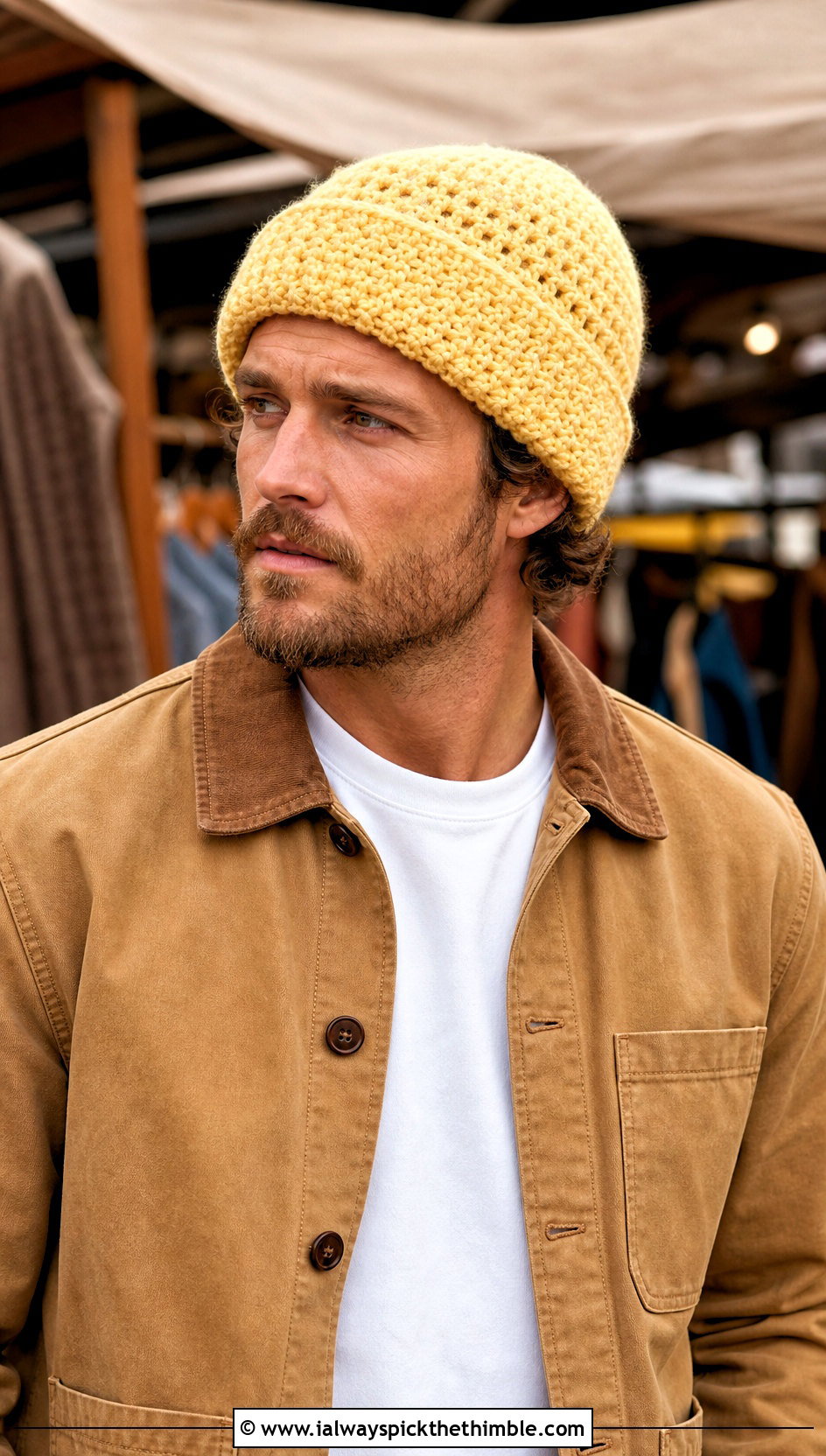 Cuffed Crochet Beanie With Chore Jacket - 25 crochet hats for men outfit ideas