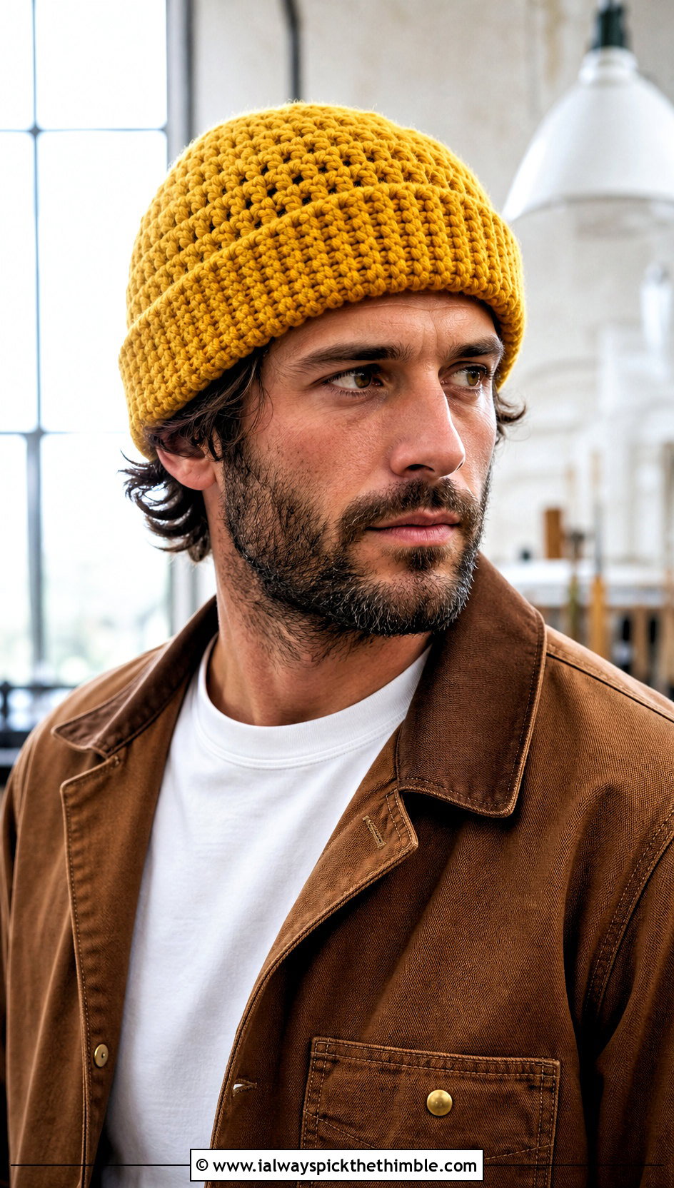 Cuffed Crochet Beanie With Chore Jacket - 25 mens crochet hats outfit ideas