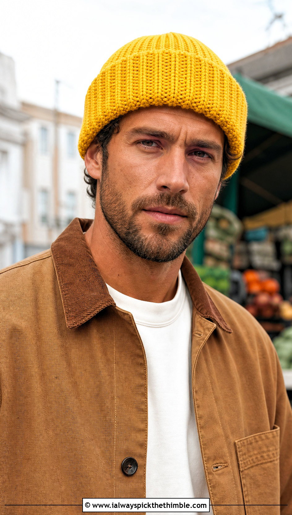 Cuffed Crochet Beanie With Chore Jacket - 25 crochet cap for men outfit ideas